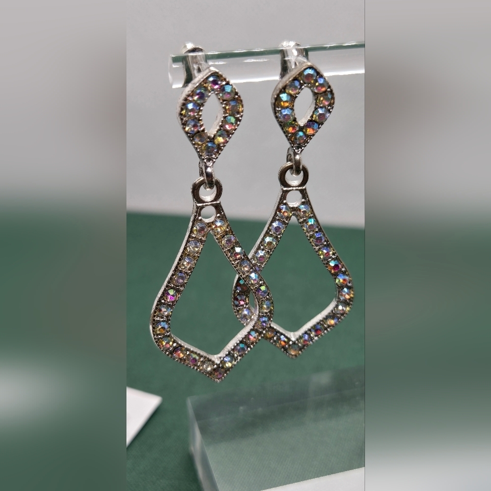 Silver Tone Multicolor AB Rhinestones Drop Earrings - Picture 6 of 16